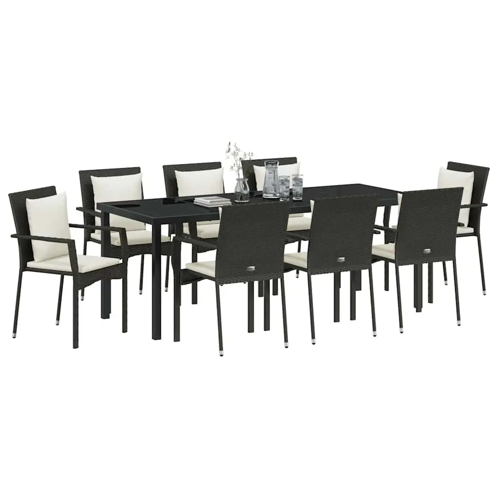 9 Piece Black Outdoor Dining Set with Rattan Chairs