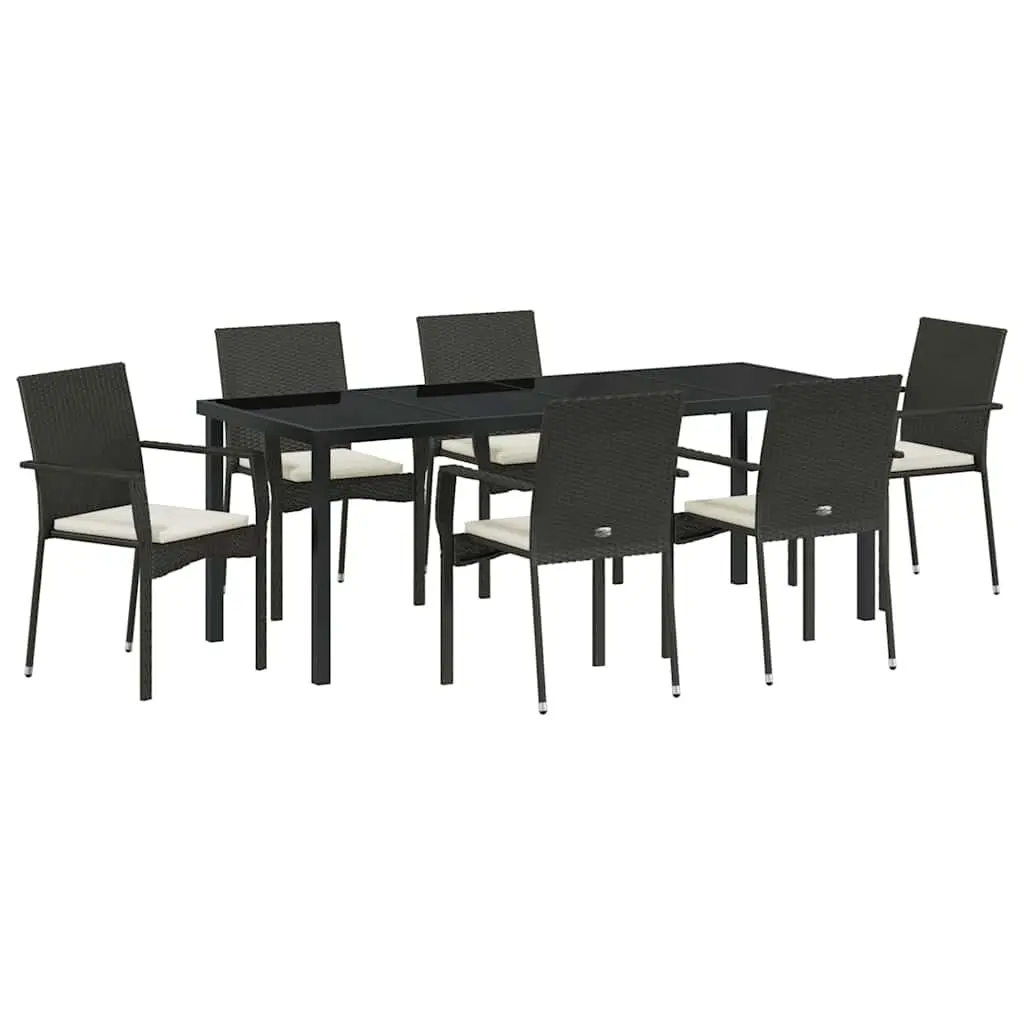 7-Piece Black Poly Rattan Outdoor Dining Set with Glass Table