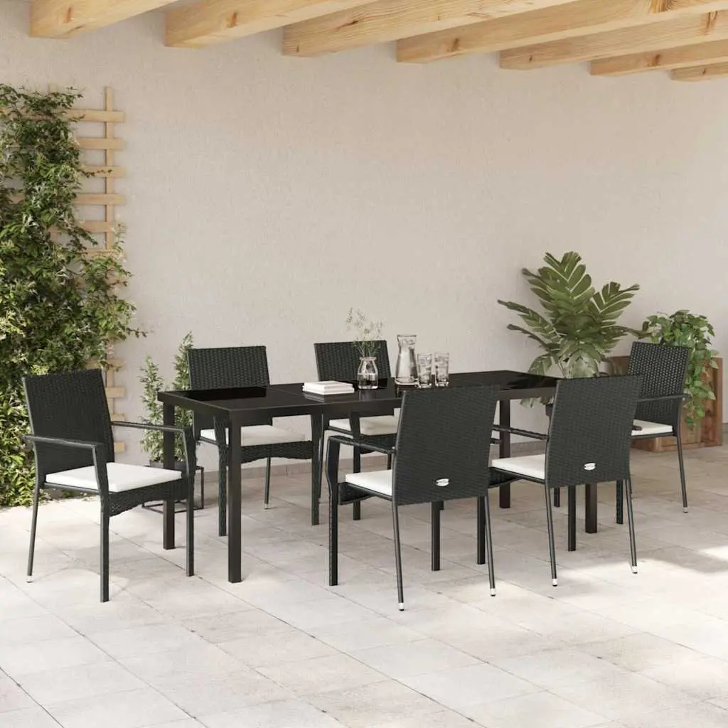 7-Piece Black Poly Rattan Outdoor Dining Set with Glass Table