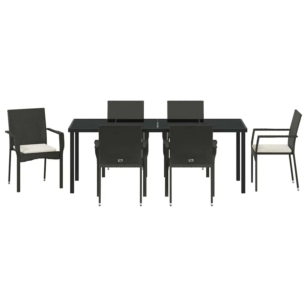 7-Piece Black Poly Rattan Outdoor Dining Set with Glass Table