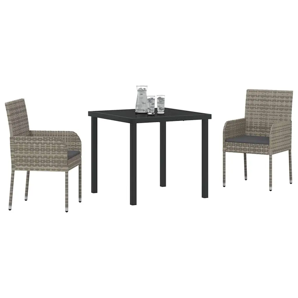 Garden Dining Set 3 Piece Outdoor Furniture Grey Poly Rattan Tempered Glass