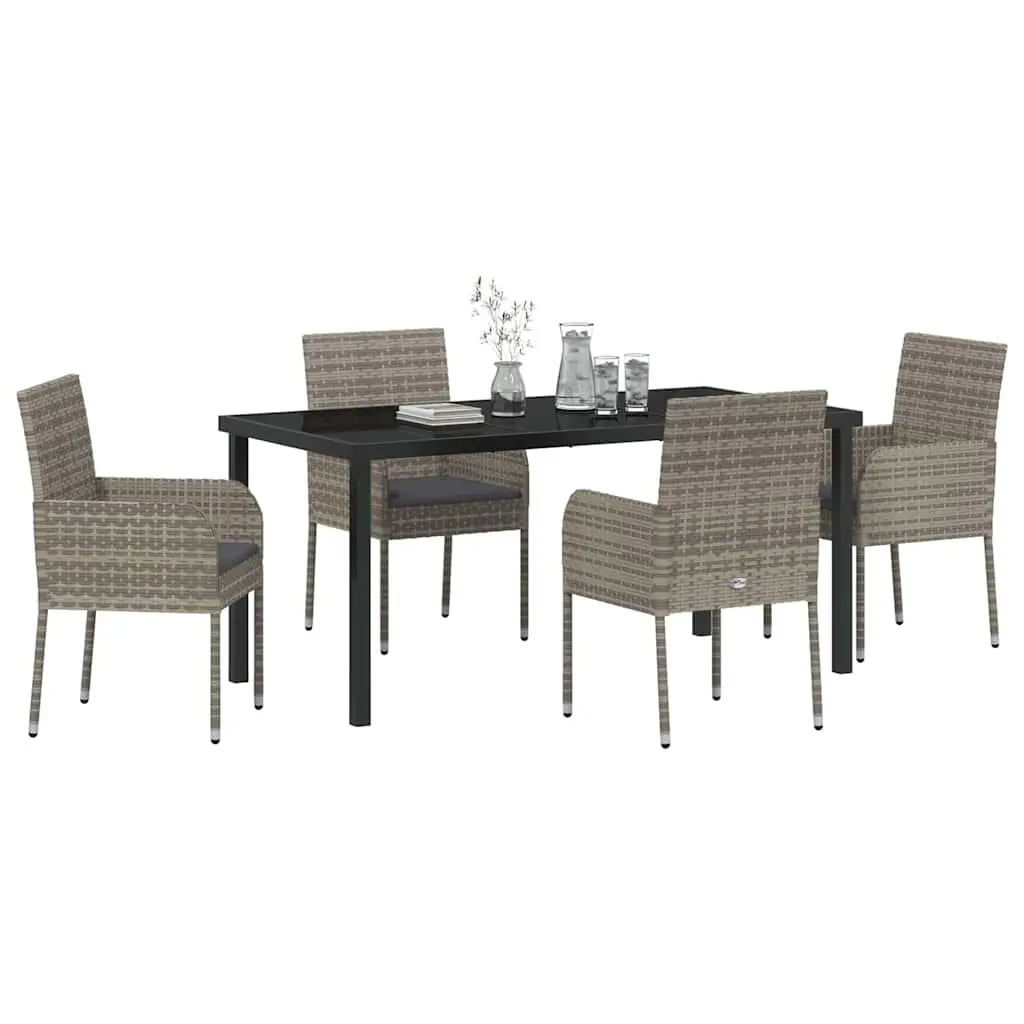 Outdoor Dining Set Poly Rattan 5 Piece Grey Tempered Glass