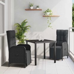 Black 3-Piece Poly Rattan Garden Dining Set with Cushions