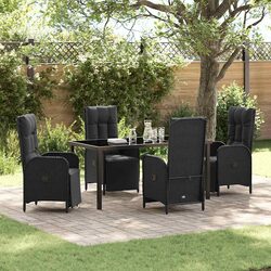 5-Piece Outdoor Dining Set with Cushions - Black Poly Rattan
