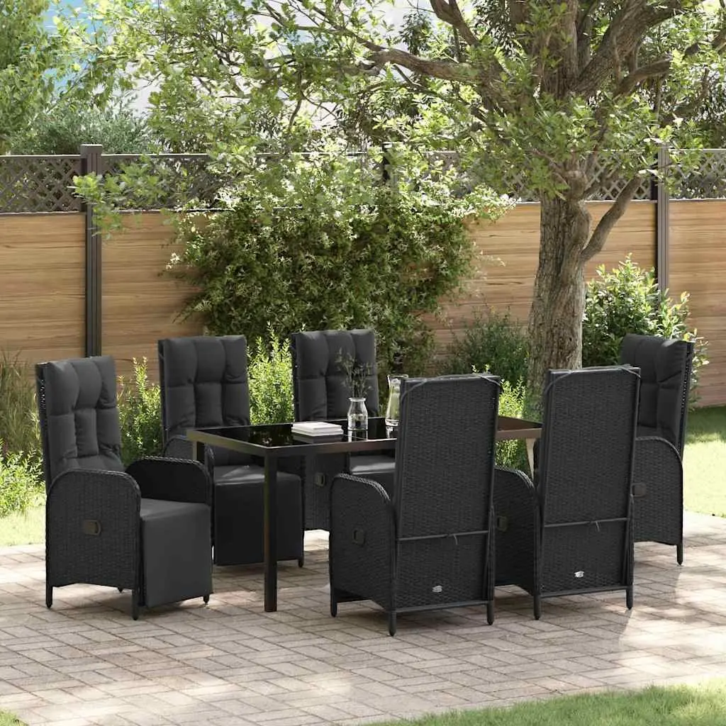 Outdoor Dining Set Poly Rattan 7 Piece Black with Cushions
