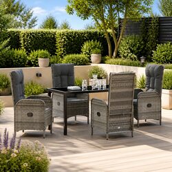 5-Piece Grey Poly Rattan Garden Dining Set with Cushions