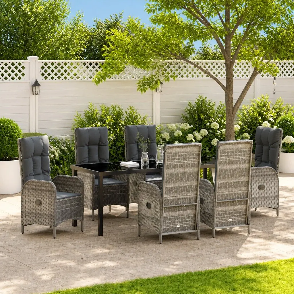 7-Piece Grey Poly Rattan Garden Dining Set with Cushions