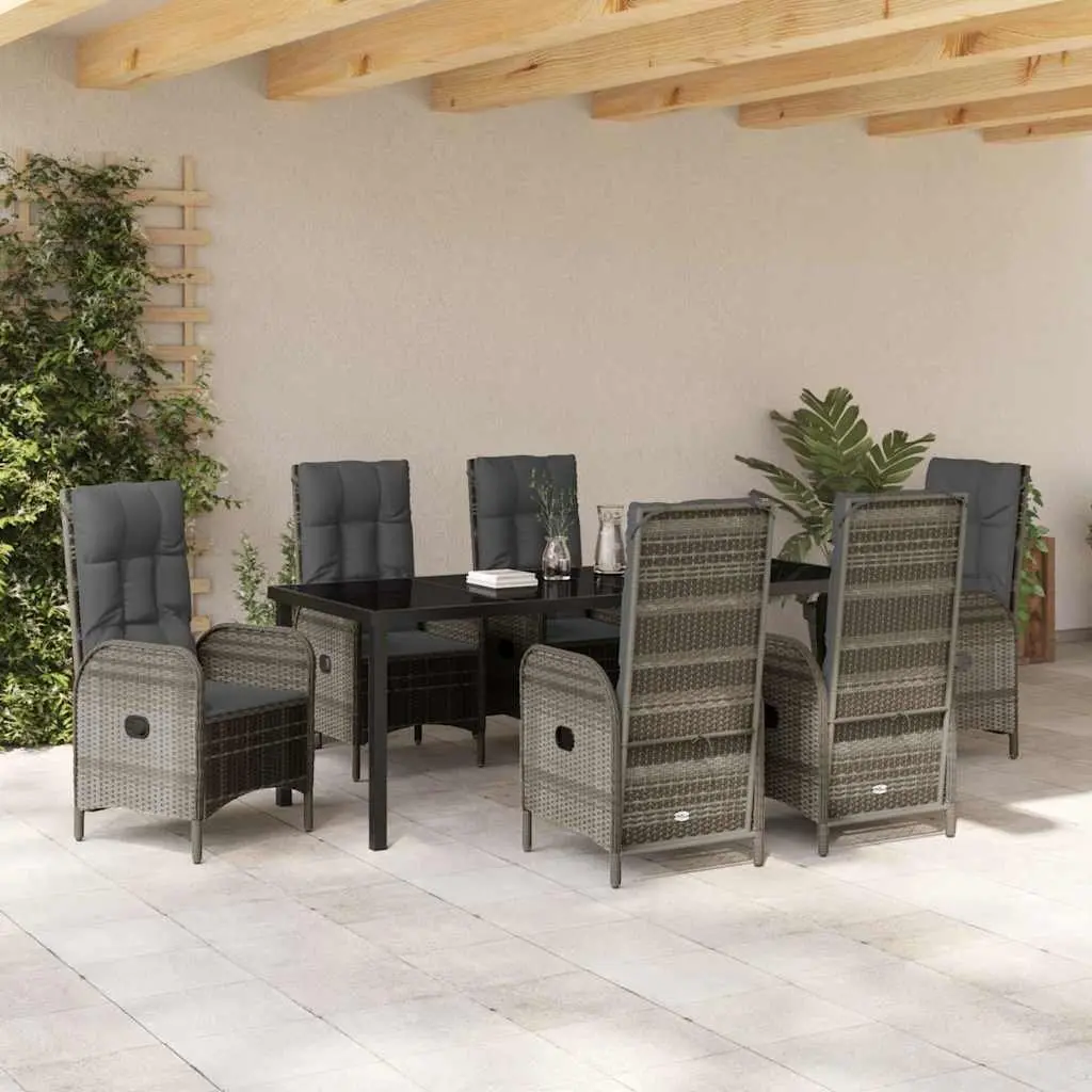 7-Piece Grey Poly Rattan Garden Dining Set with Cushions