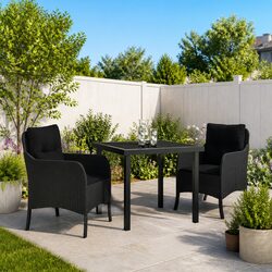 Black Poly Rattan 3-Piece Outdoor Dining Set with Cushions