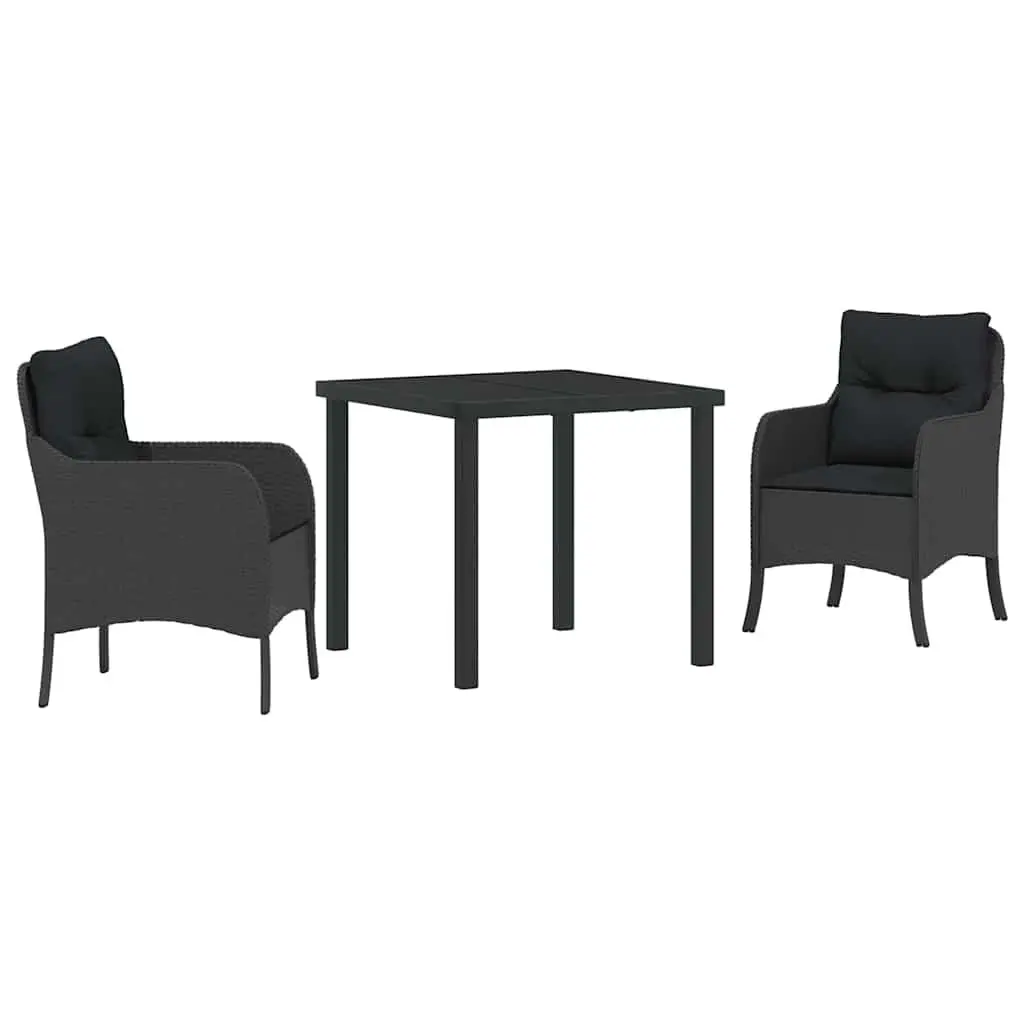 Black Poly Rattan 3-Piece Outdoor Dining Set with Cushions