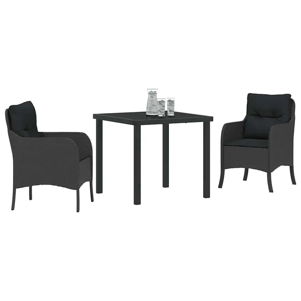 Black Poly Rattan 3-Piece Outdoor Dining Set with Cushions
