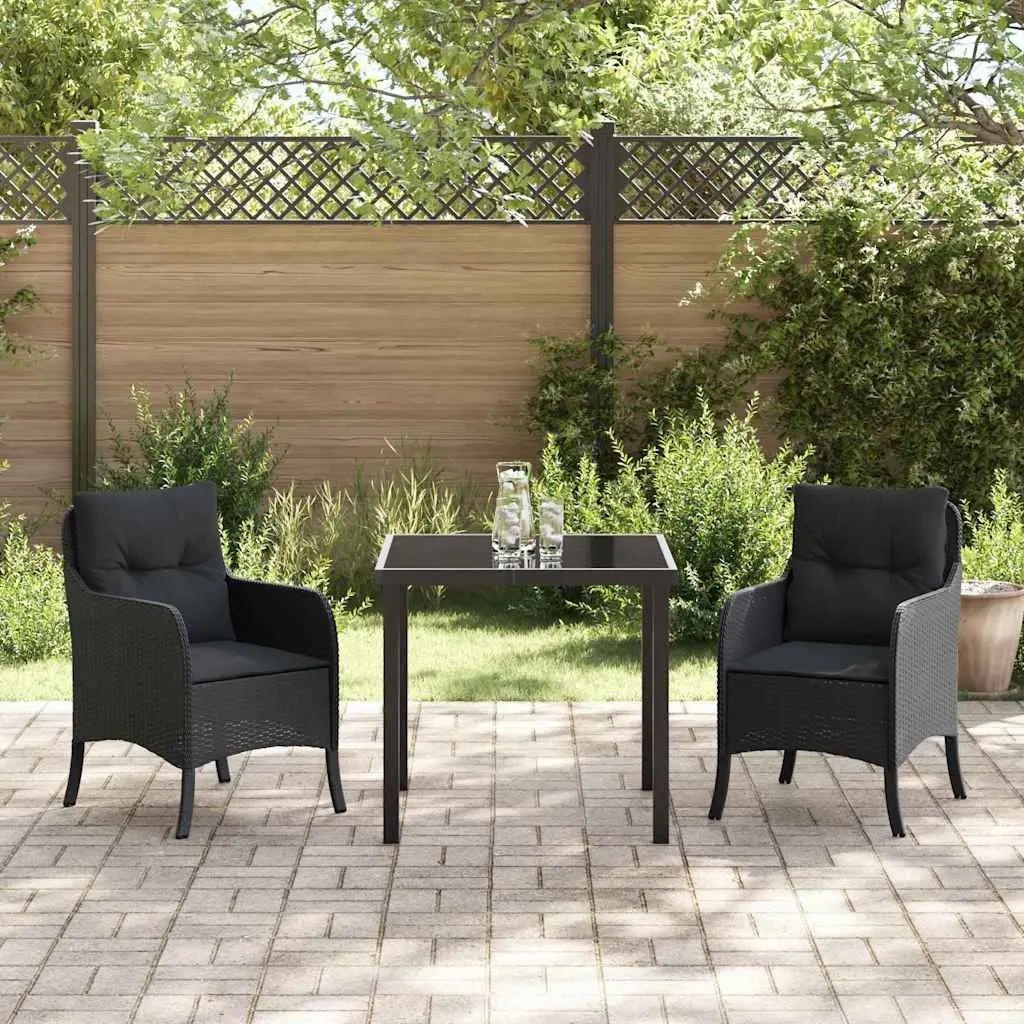 Black Poly Rattan 3-Piece Outdoor Dining Set with Cushions