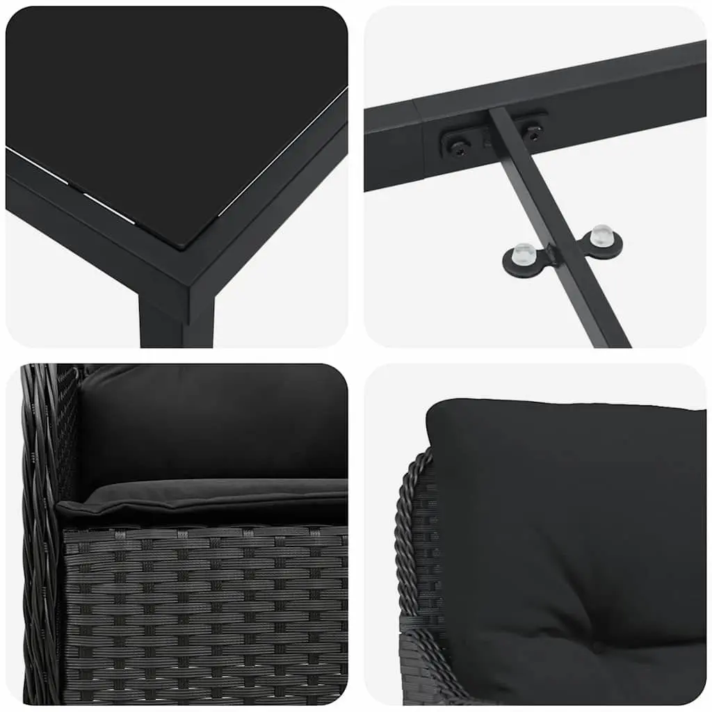 Black Poly Rattan 3-Piece Outdoor Dining Set with Cushions