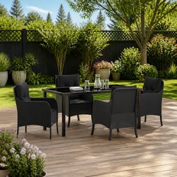 Stylish 5 Piece Black Poly Rattan Garden Dining Set with Cushions