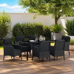 7-Piece Black Poly Rattan Outdoor Dining Set with Cushions
