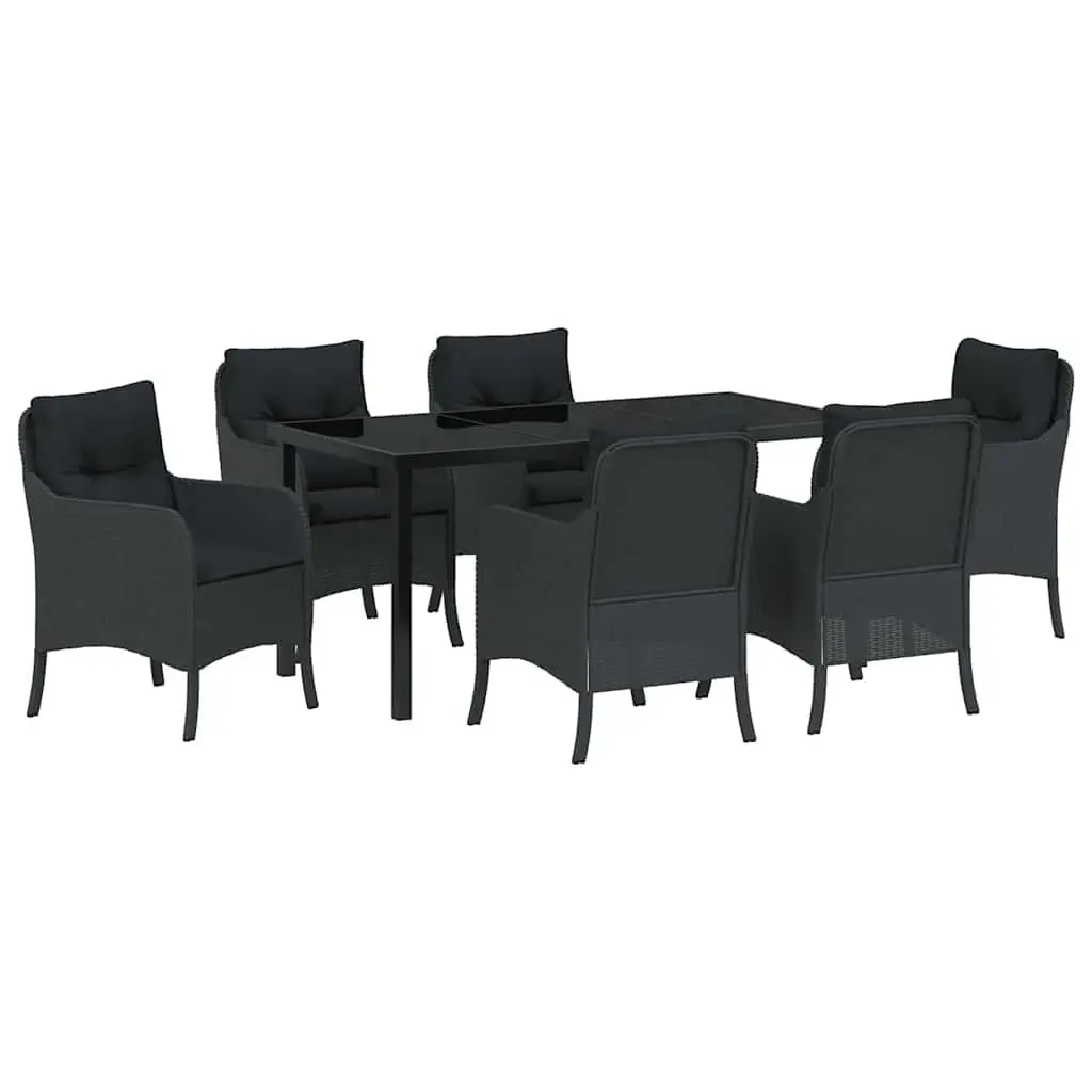 7-Piece Black Poly Rattan Outdoor Dining Set with Cushions