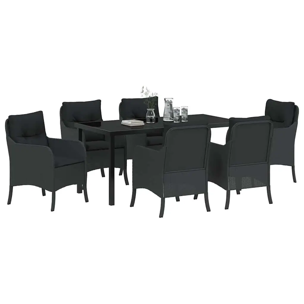 7-Piece Black Poly Rattan Outdoor Dining Set with Cushions