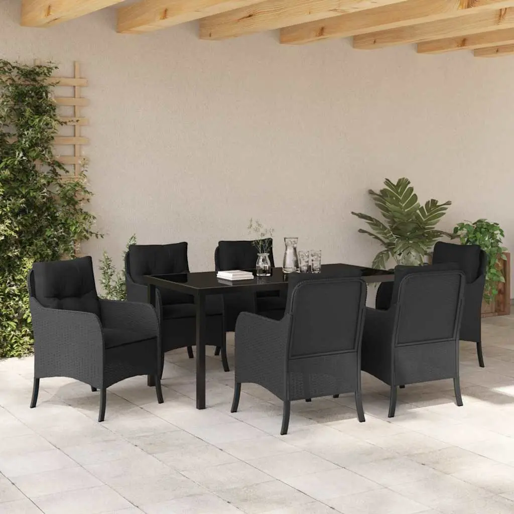 7-Piece Black Poly Rattan Outdoor Dining Set with Cushions