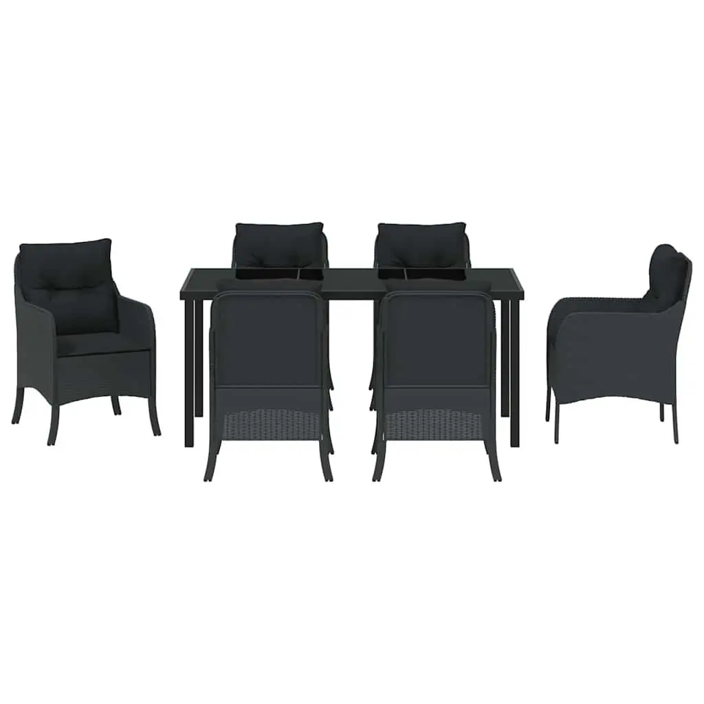 7-Piece Black Poly Rattan Outdoor Dining Set with Cushions