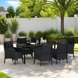 7-Piece Black Poly Rattan Outdoor Dining Set with Cushions