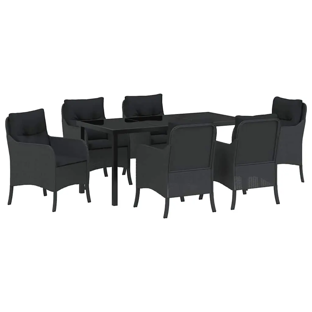 7-Piece Black Poly Rattan Outdoor Dining Set with Cushions