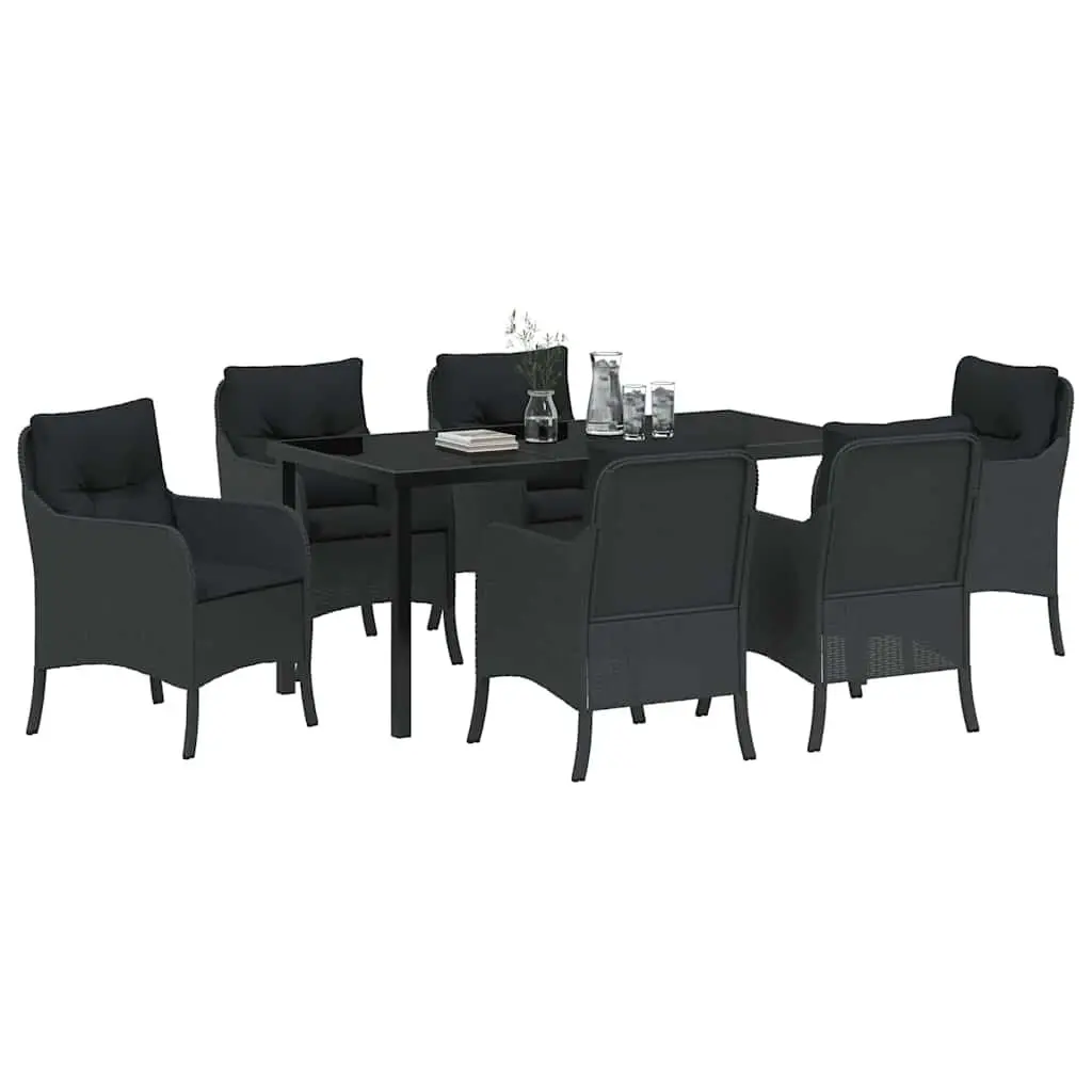 7-Piece Black Poly Rattan Outdoor Dining Set with Cushions