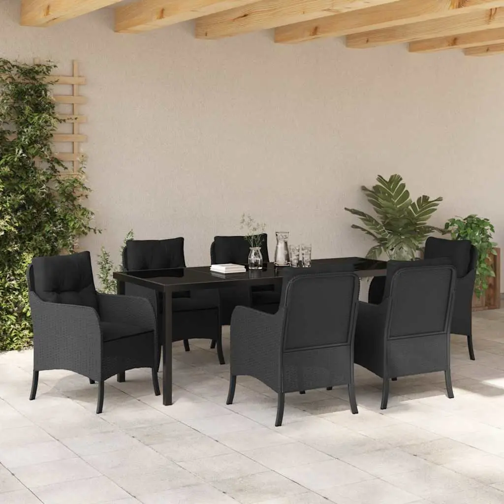 7-Piece Black Poly Rattan Outdoor Dining Set with Cushions