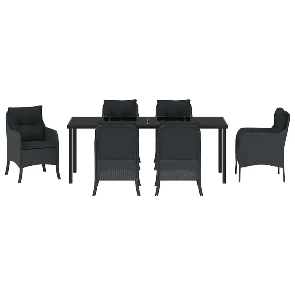7-Piece Black Poly Rattan Outdoor Dining Set with Cushions