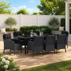 9-Piece Black Poly Rattan Outdoor Dining Set