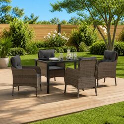 5-Piece Outdoor Dining Set with Cushions in Grey Rattan