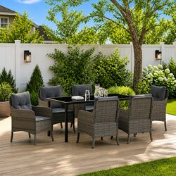7-Piece Grey Poly Rattan Outdoor Dining Set with Cushions