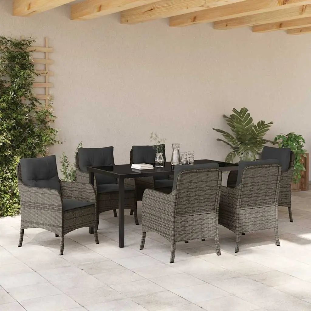 7-Piece Grey Poly Rattan Outdoor Dining Set with Cushions