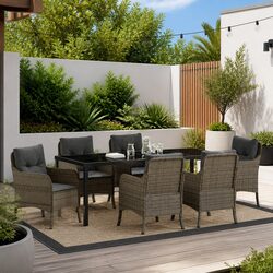 7 Piece Grey Poly Rattan Outdoor Dining Set with Cushions