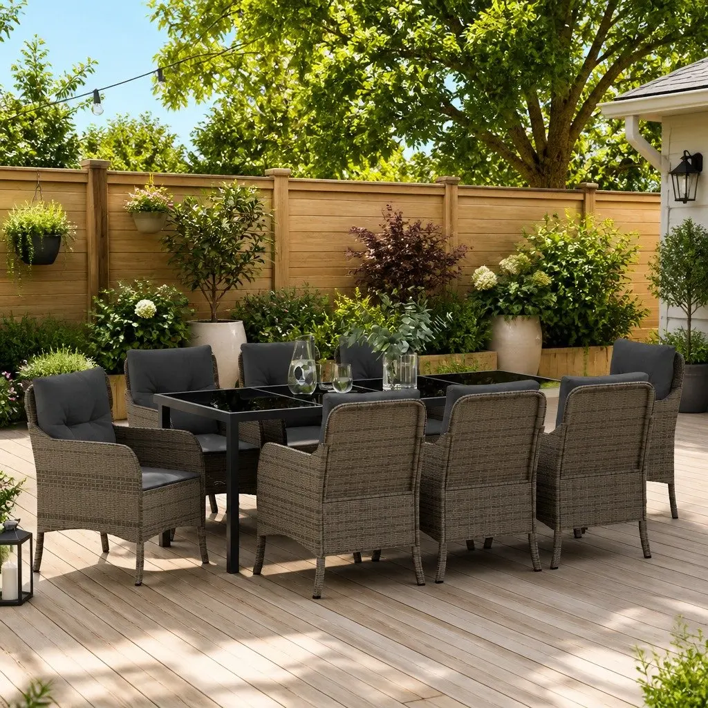Grey 9-Piece Poly Rattan Garden Dining Set
