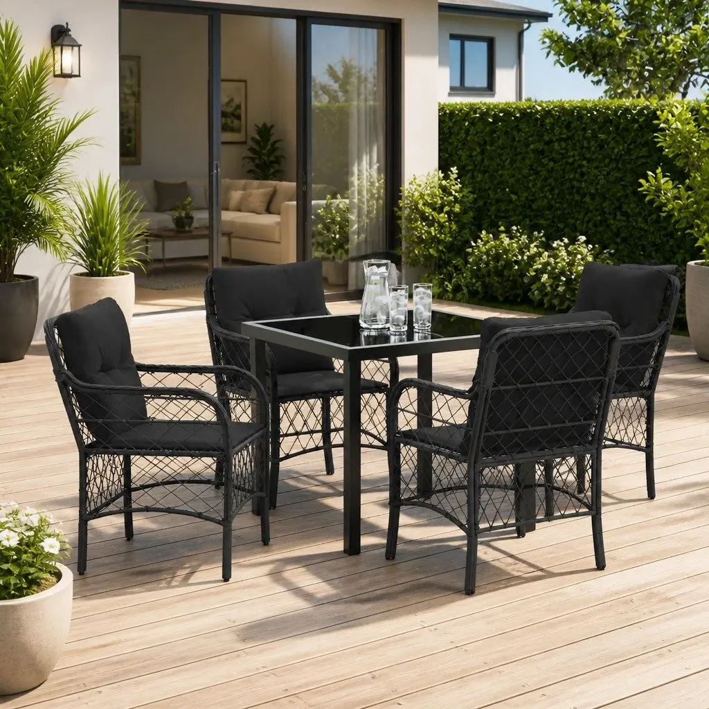 Garden Dining Set Poly Rattan 5 Pieces Black Outdoor Furniture with Cushions