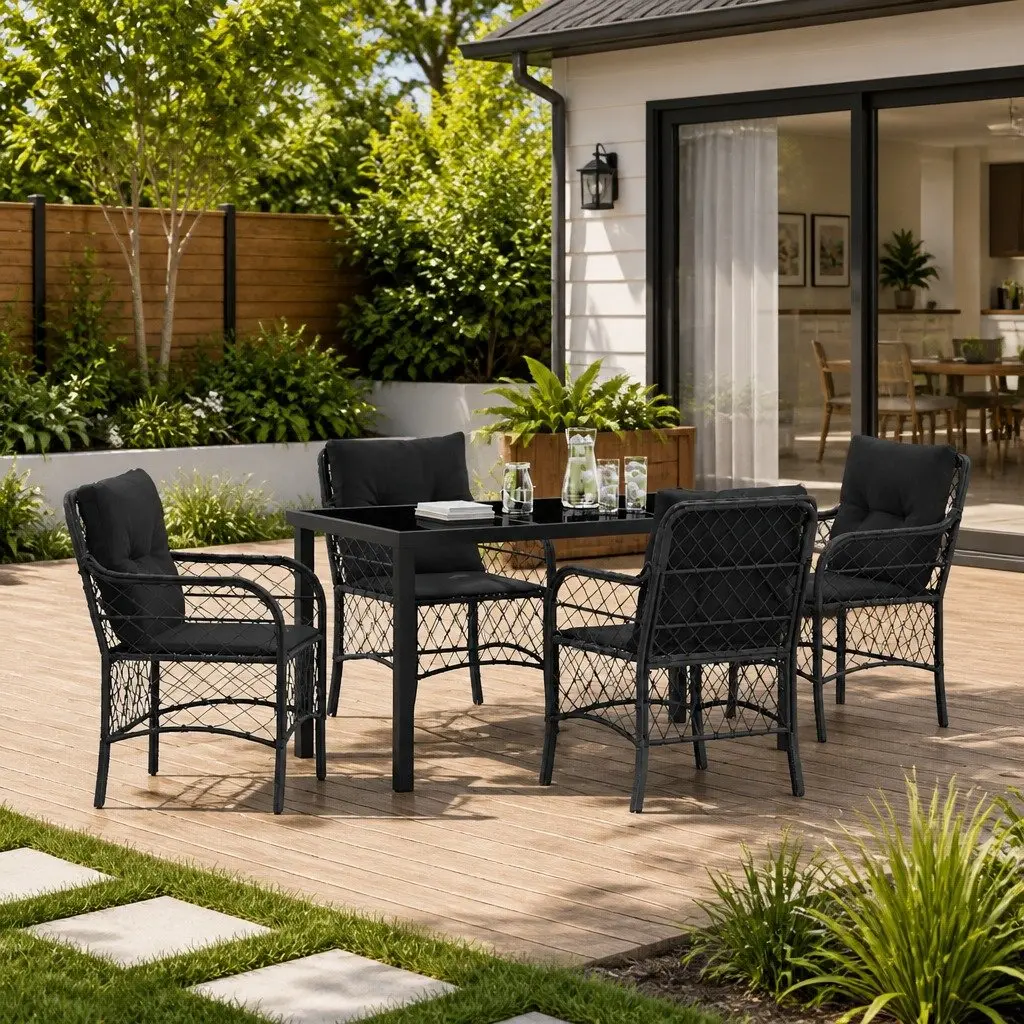 Dining Set 5 Pieces Powder-coated Steel Poly Rattan Black Outdoor Furniture