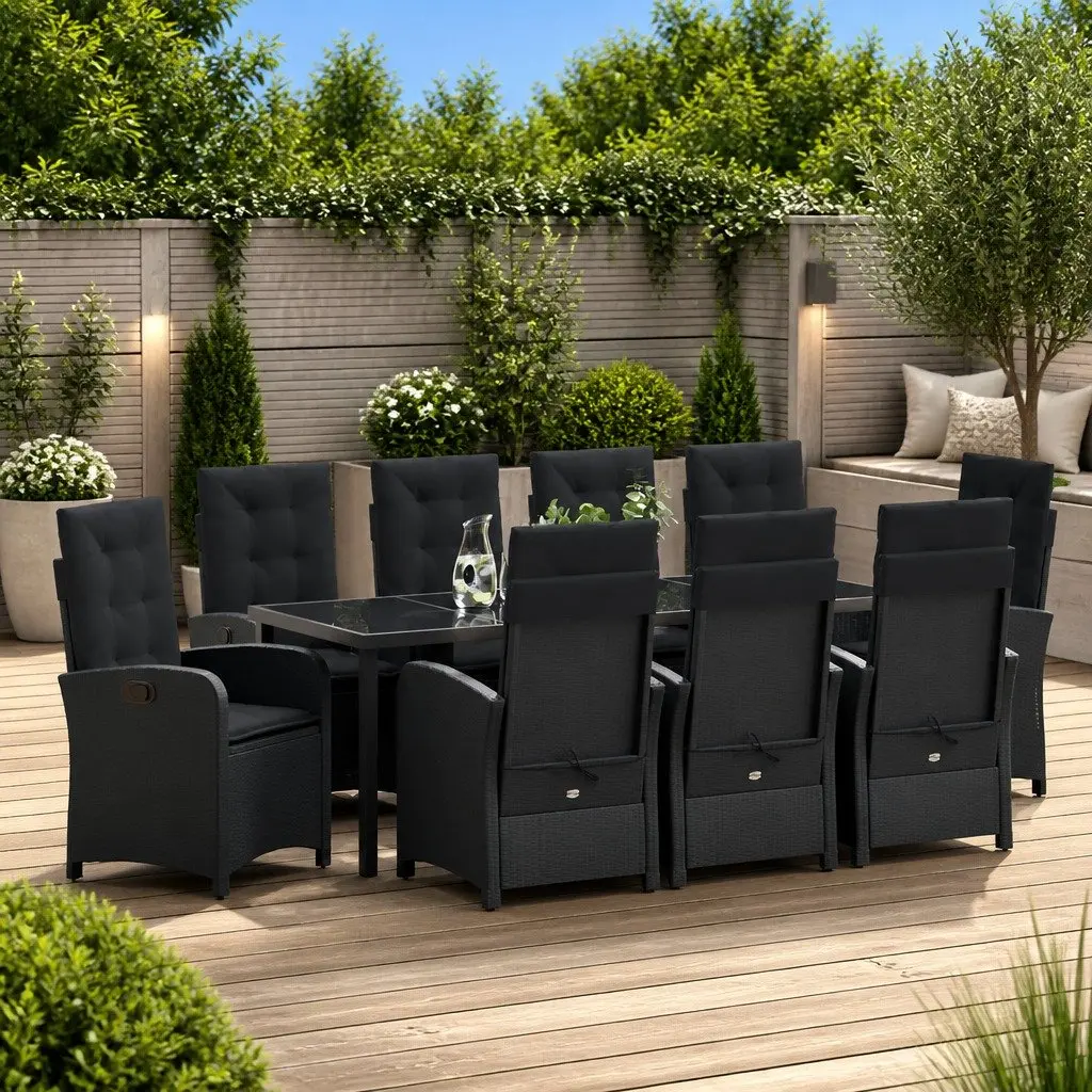 9-Piece Black Poly Rattan Garden Dining Set