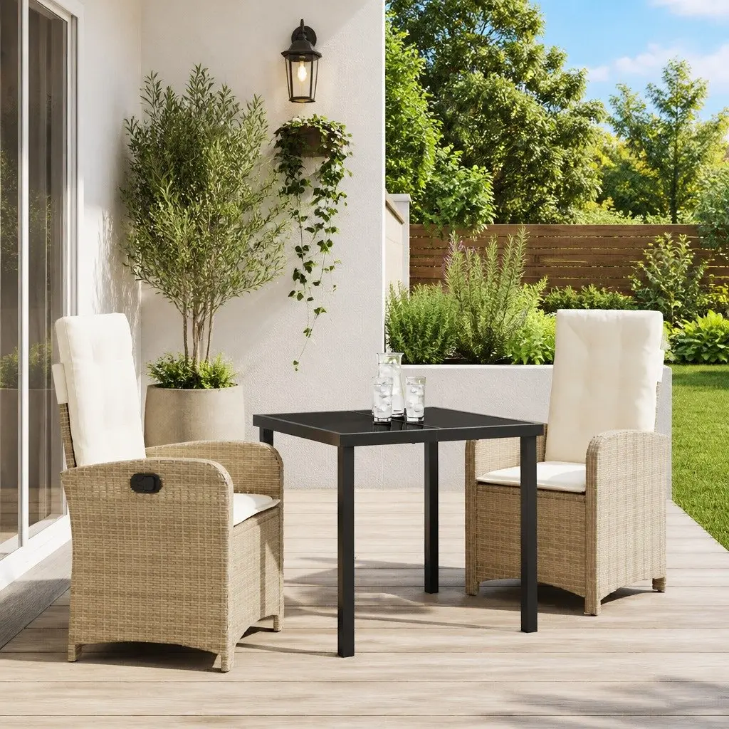 Outdoor Garden Dining Set Poly Rattan Beige 3 Piece with Cushions Glass Table