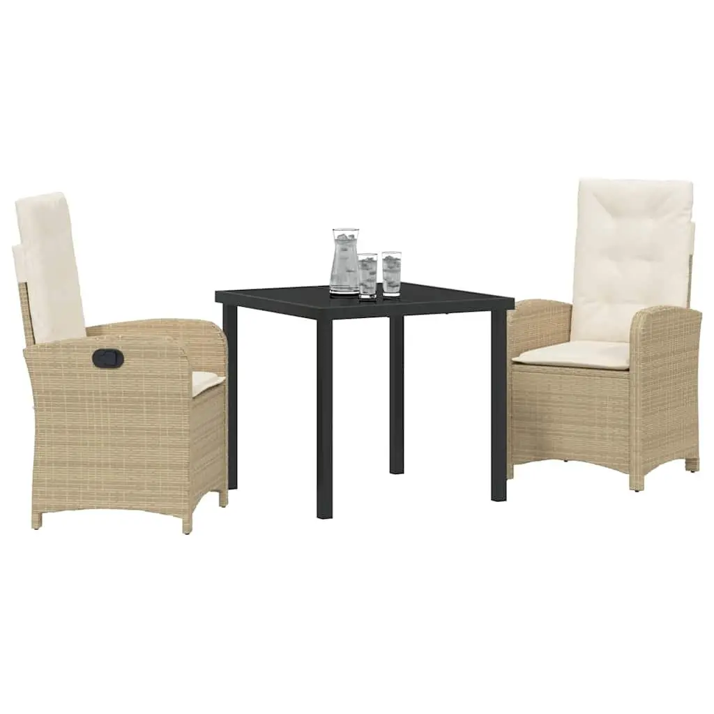 Outdoor Garden Dining Set Poly Rattan Beige 3 Piece with Cushions Glass Table