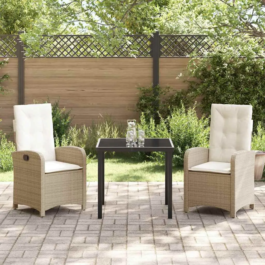 Outdoor Garden Dining Set Poly Rattan Beige 3 Piece with Cushions Glass Table
