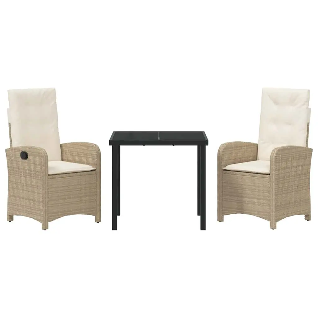 Outdoor Garden Dining Set Poly Rattan Beige 3 Piece with Cushions Glass Table