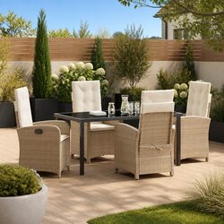 5-Piece Beige Poly Rattan Garden Dining Set with Cushions
