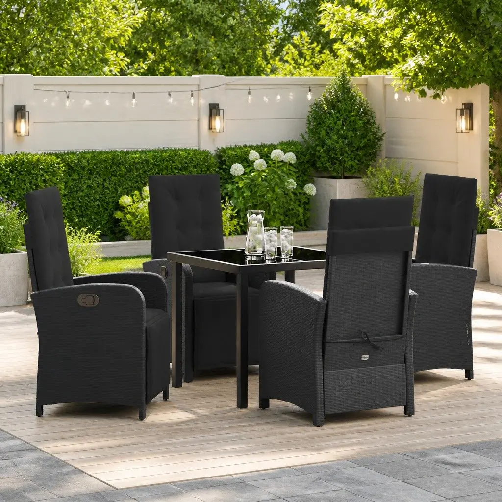 5-Piece Black Poly Rattan Dining Set with Cushions
