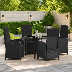 5-Piece Black Poly Rattan Dining Set with Cushions