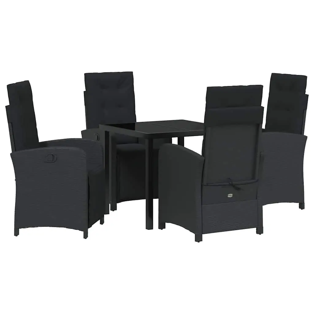 5-Piece Black Poly Rattan Dining Set with Cushions