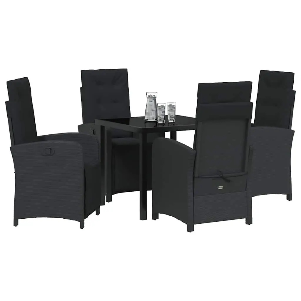 5-Piece Black Poly Rattan Dining Set with Cushions