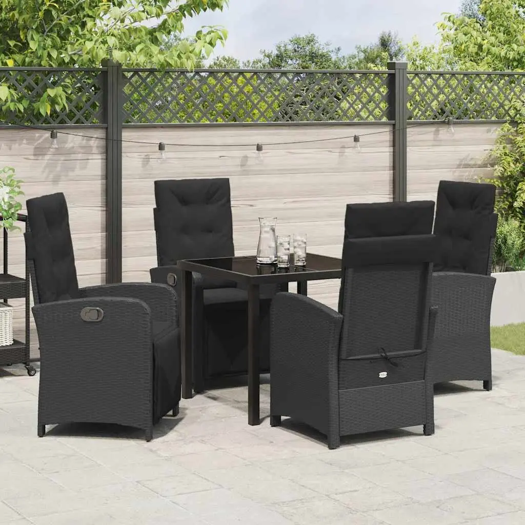 5-Piece Black Poly Rattan Dining Set with Cushions