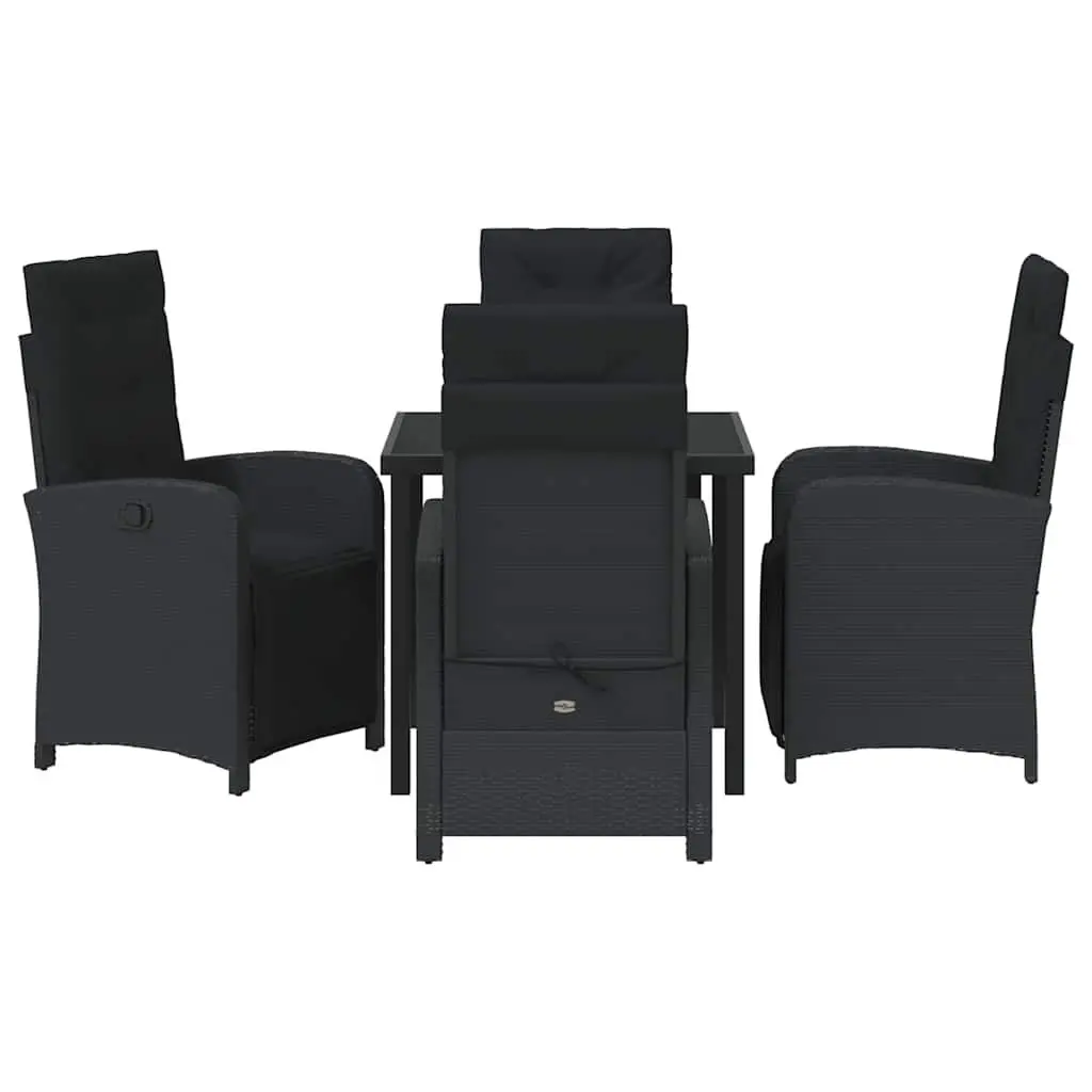 5-Piece Black Poly Rattan Dining Set with Cushions