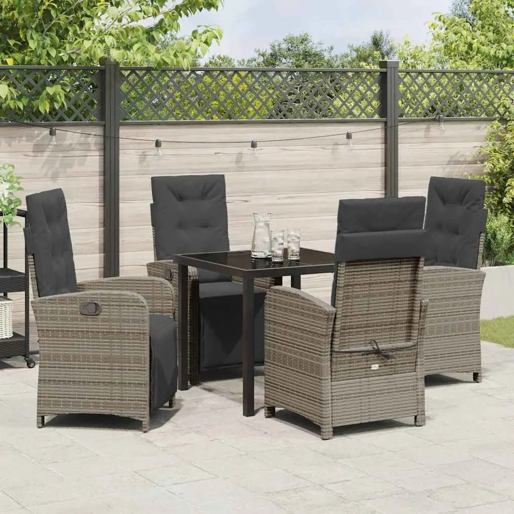 Garden Dining Set 5 pcs Grey Poly Rattan Outdoor Furniture Glass Top Cushions