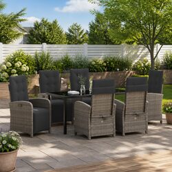 7-Piece Grey Poly Rattan Garden Dining Set with Cushions